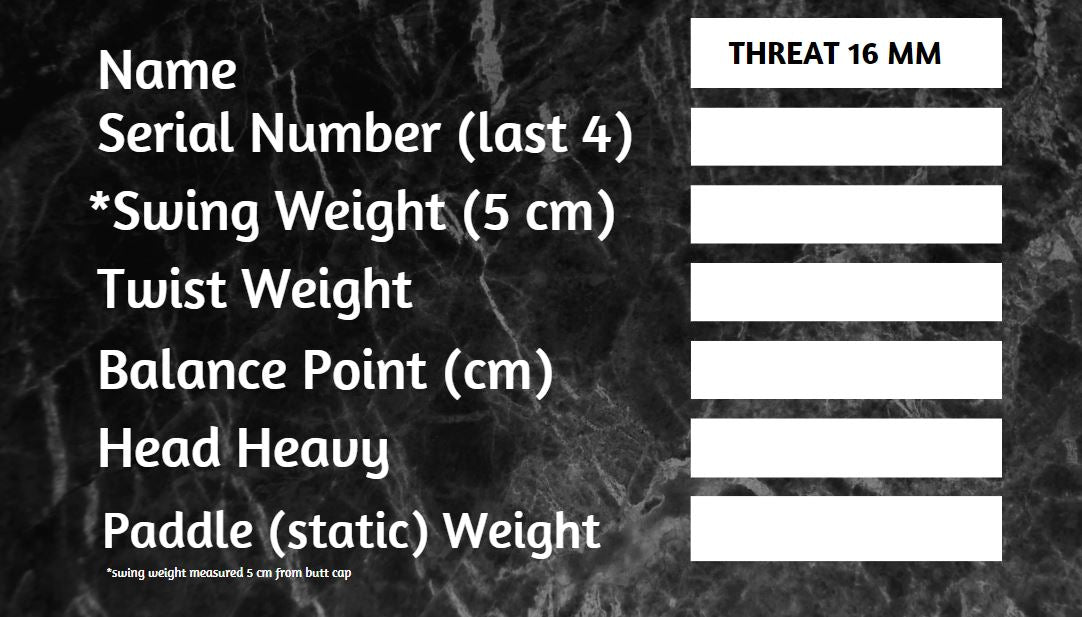 Threat 16 Singles Paddle Custom Weight Card And Weights